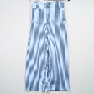 Anthro Maeve Colette Crop Wide Leg Pants Linen Blend Striped Blue White 25